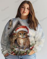 Plus Size Christmas Owl Painting Print Casual Long Sleeve Sweatshirt